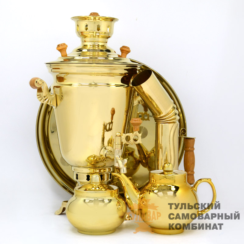 Самовар жаровой «Рюмка» 4 литра, латунный в наборе 5 предметов