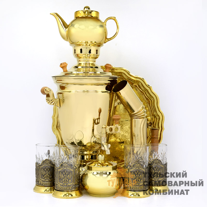 Самовар жаровой «Рюмка» 4 литра, латунный в наборе 13 предметов