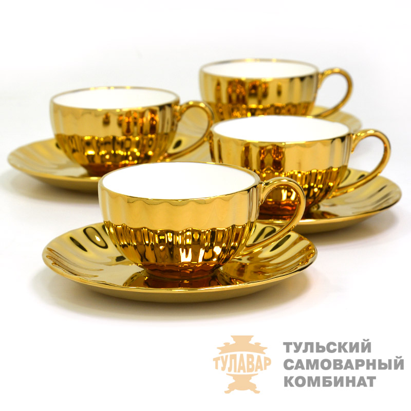 Чайные пары из фарфора, комплект 4 шт, под золото