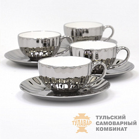 Чайные пары из фарфора, комплект 4 шт, под никель